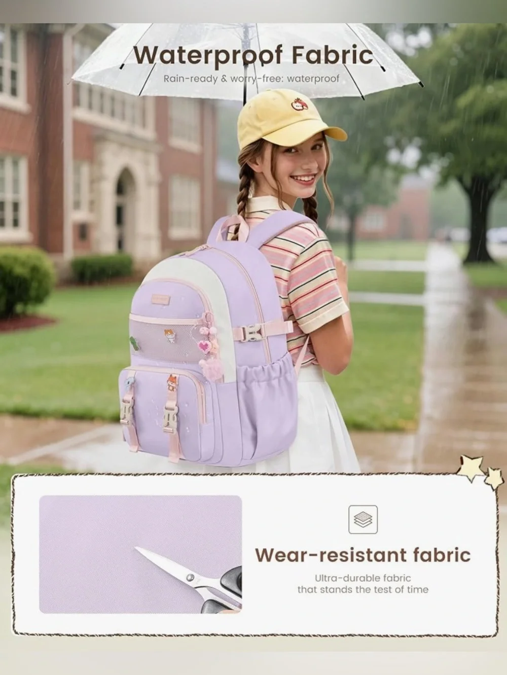 Girls Backpack Fits 17” Laptop & 40 oz Tumbler - cream, pink & purple